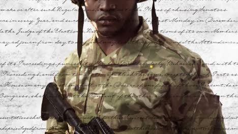 animation of writings and african american male soldier over flag of usa