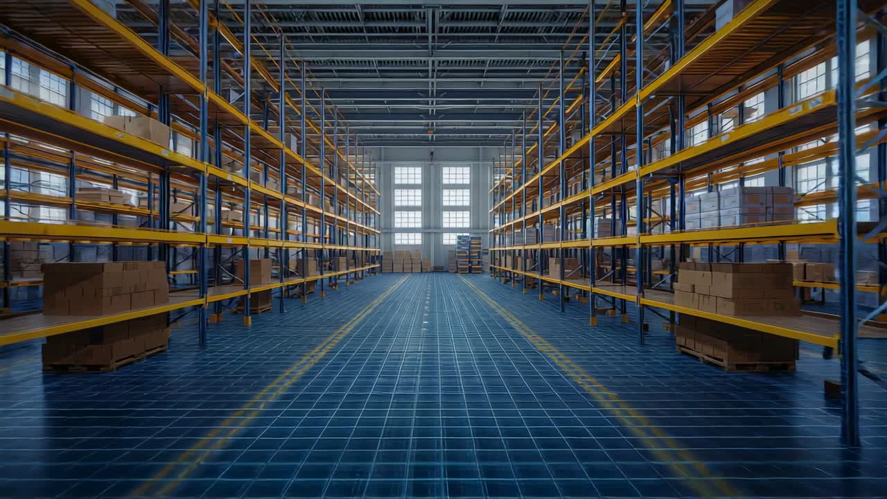 Sliding camera moving down warehouse aisle, revealing pallet racks, forklift and blue digital grid