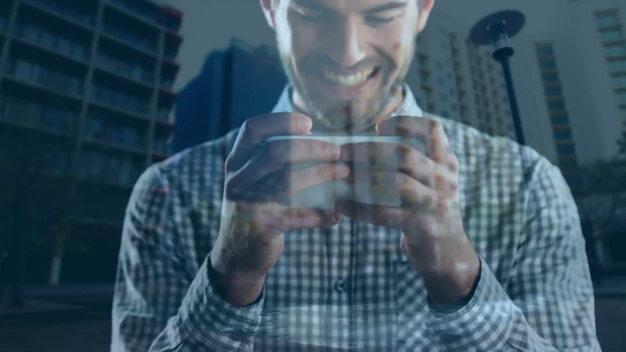 animación de un hombre usando un teléfono inteligente sobre el paisaje urbano