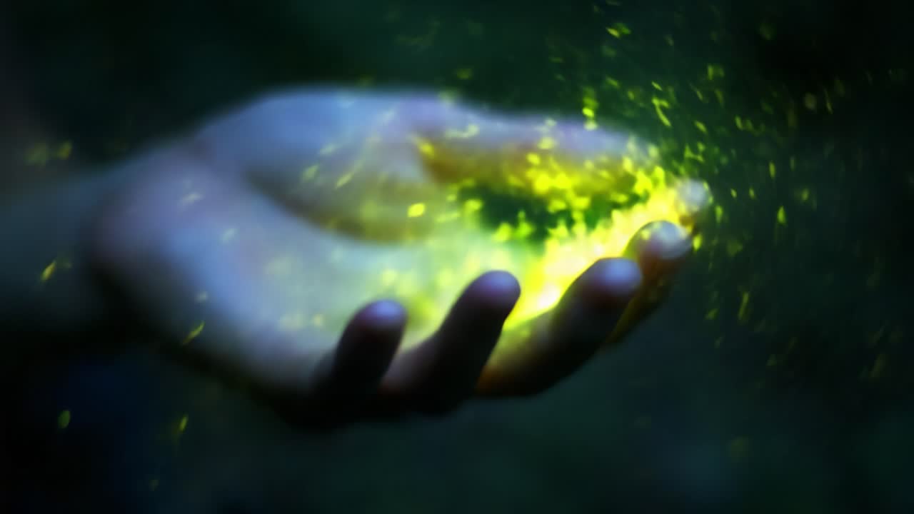 A captivating hand illuminated by shimmering particles, conveying a sense of wonder and magic, as if holding the essence of light captured from the surrounding atmosphere