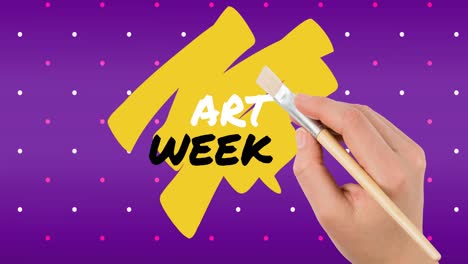 animation of hand with pen writing art week over violet background with dots