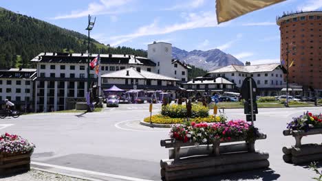 a picturesque town square with vibrant flowers