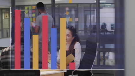 animation of multicolored bar graph over diverse coworkers sharing ideas on desk in office