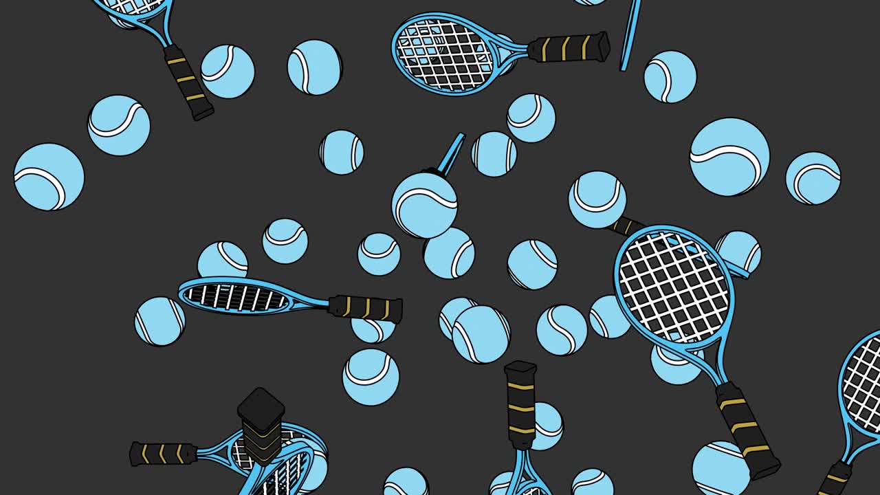 회색 배경에 희미한 파란색 테니스 공과 테니스 라켓.