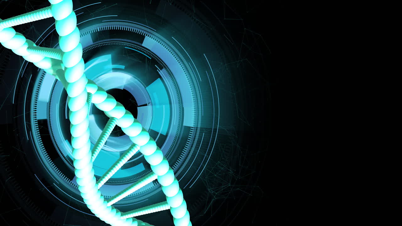 Animation of dna strand spinning with data processing over black background