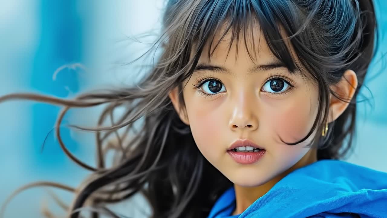 바람에 날아다니는 긴 머리카락을 가진 작은 소녀