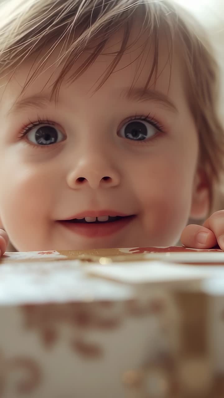 Vídeo vertical: Un niño pequeño asoma la cabeza y se agarra al borde de una caja envuelta en casa, sonriendo
