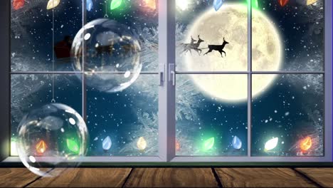 Animation-of-glass-baubles-and-fairy-lights-over-silhouette-of-santa-claus-in-sleigh