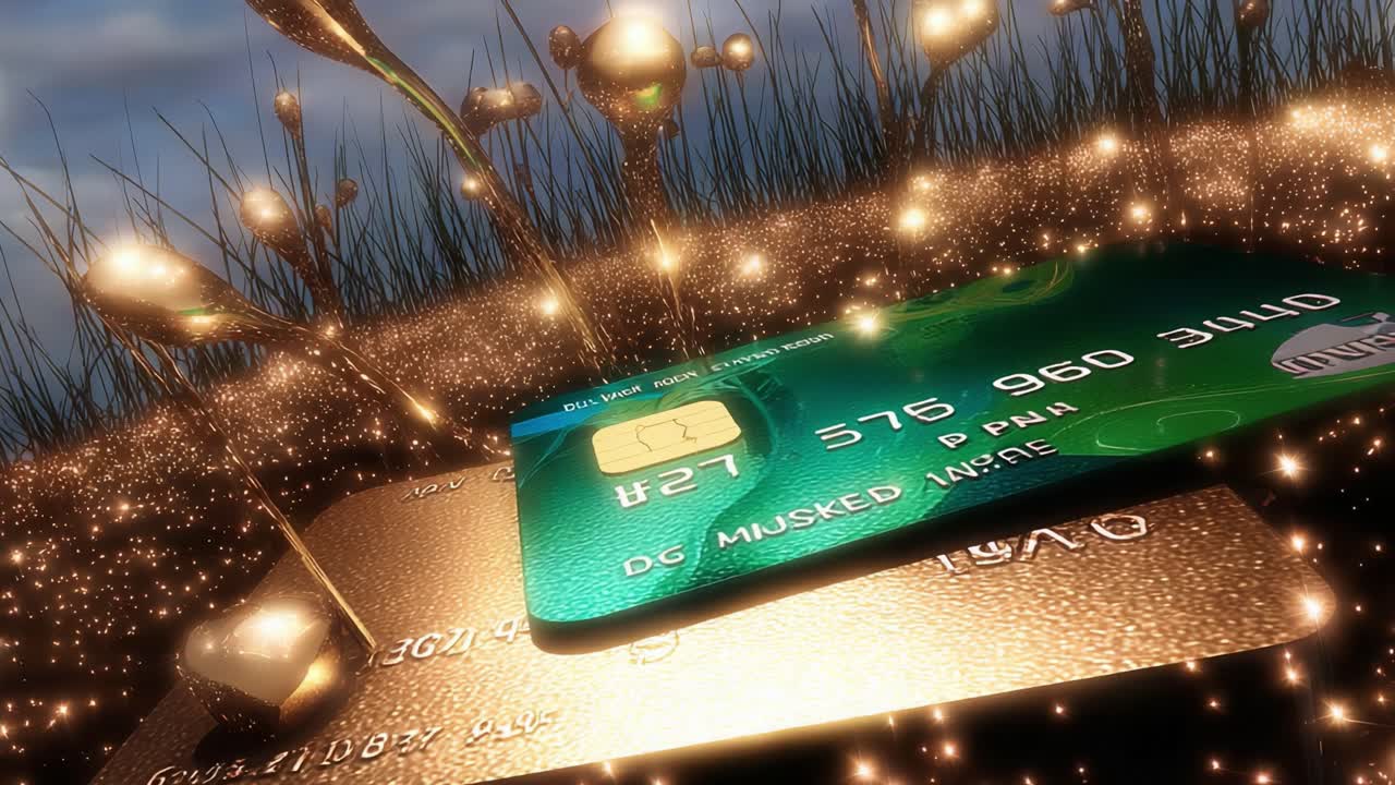 Conceptual animation showing gold and green credit cards resting in a surreal landscape of glowing particles and fantastical golden plants, symbolizing the growth of wealth and digital economy