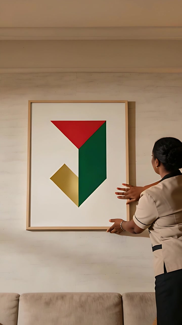 Vídeo vertical: Mulher de uniforme bege entra pela direita, pendurando arte emoldurada acima do sofá, garantindo o nível.