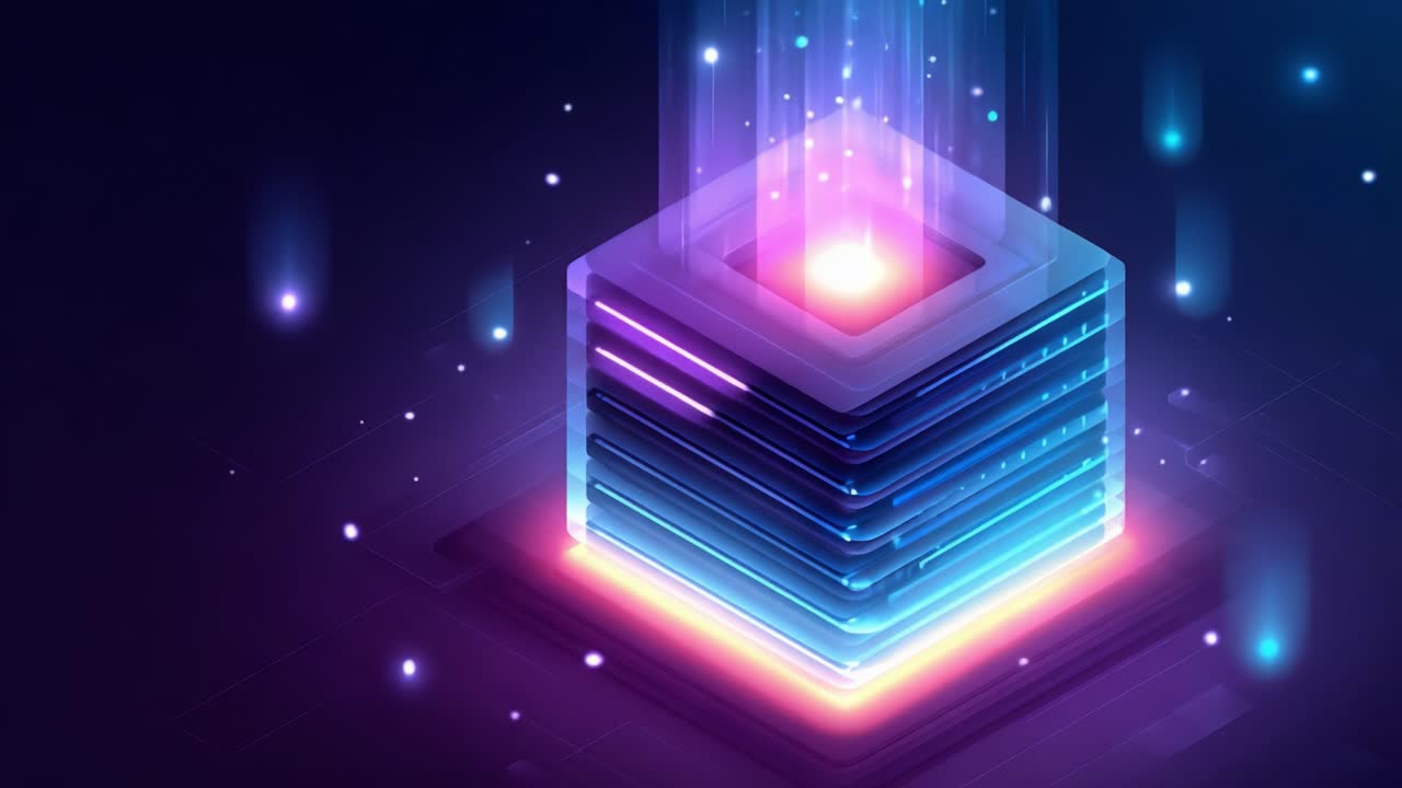A futuristic digital cube emanating vibrant light and particles, showcasing advanced technology and abstract design, captured in a visually mesmerizing scene
