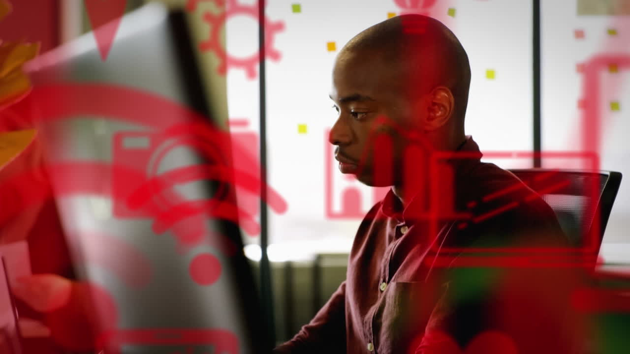 디지털 아이콘의 네트워크의 애니메이션 컴퓨터를 사용하여 사업가 이상