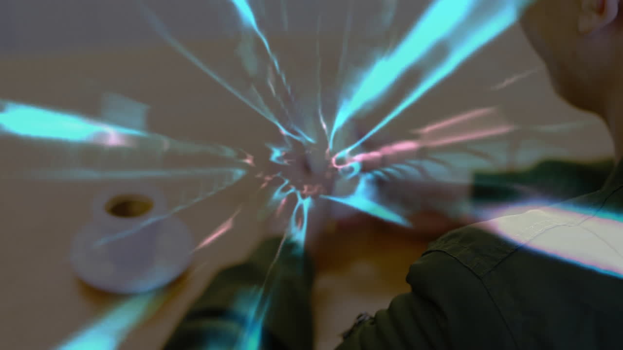 Man interacting with smart speaker on wooden desk, neon blue violet energy streaks floating