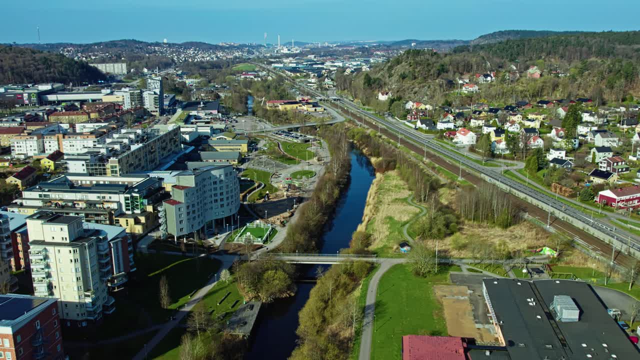 Saevan River going through Partille Gothenburg, Sweden. Aerial