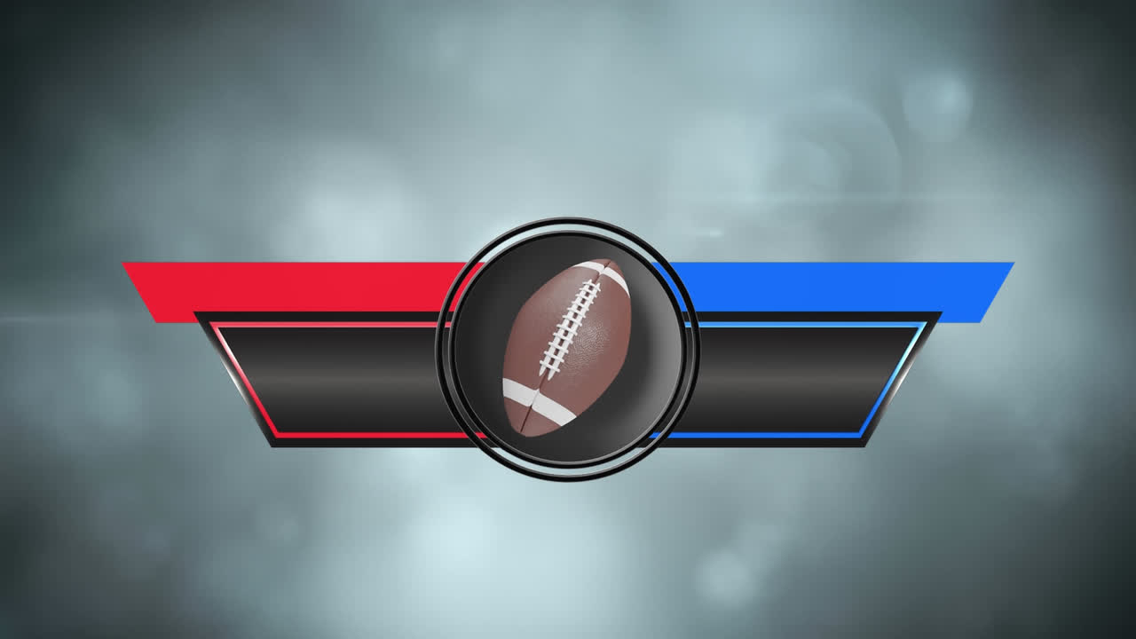 animación del equipo y los resultados del estandarte con pelota de rugby y espacio de copia sobre luces intermitentes