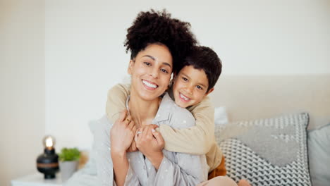 happy, face and child hugging mother on bed