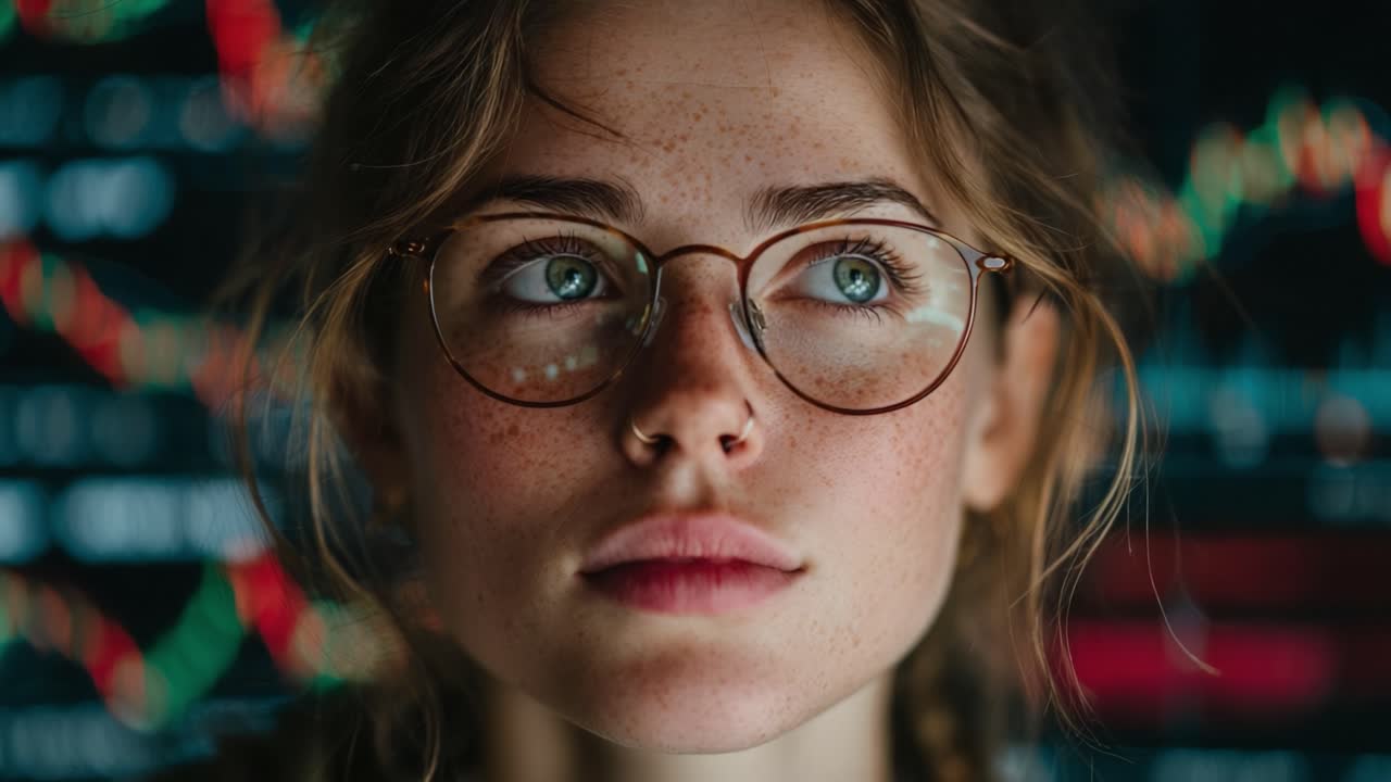 A contemplative young woman with glasses gazes thoughtfully as colorful graphs and data patterns blur in the background, reflecting her analytical mindset in the digital world