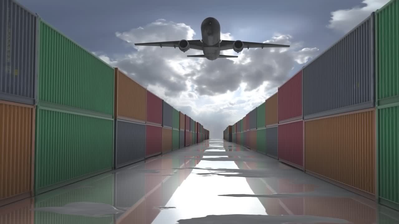 avión volando sobre un puerto de contenedores