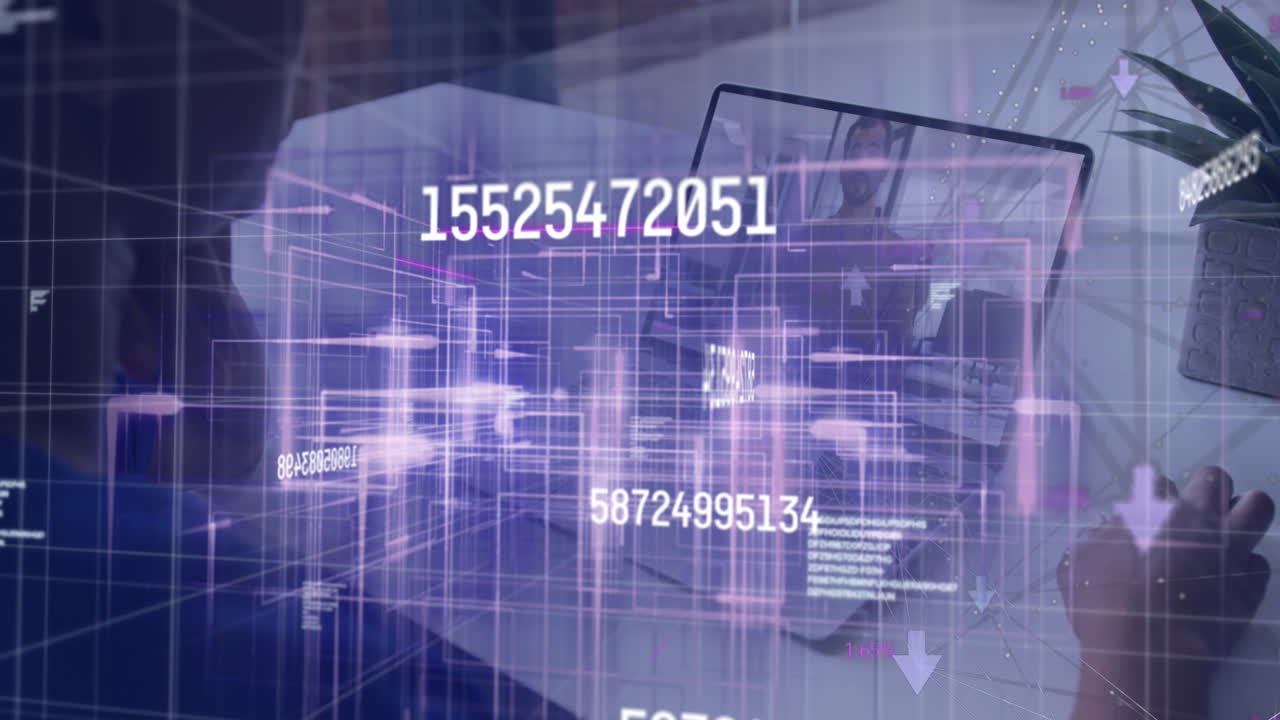 Animation of changing numbers, connected globe over diverse coworkers discussing on videocall