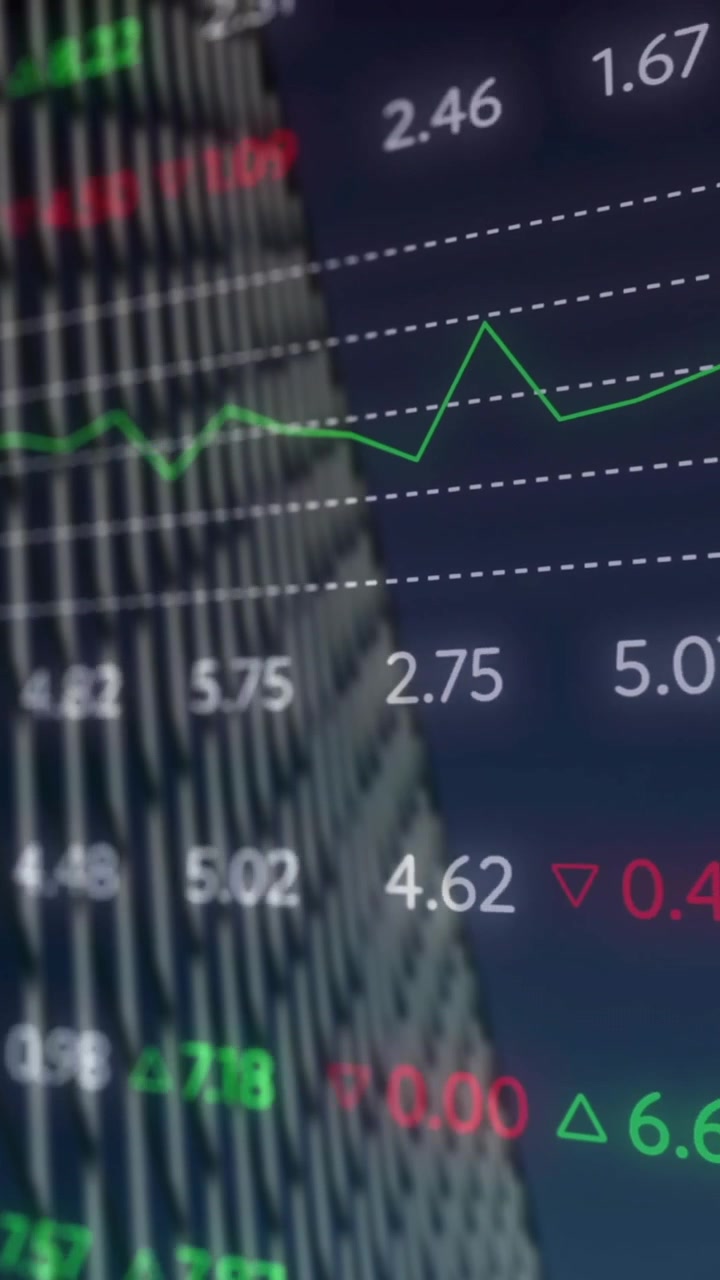 Animación de mercado de valores y diagramas sobre paisaje urbano