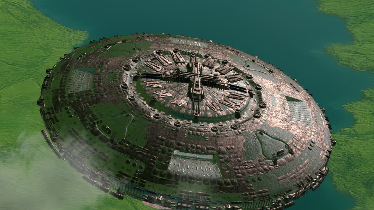 Alien spaceship arriving at warp speed above green valley and lake