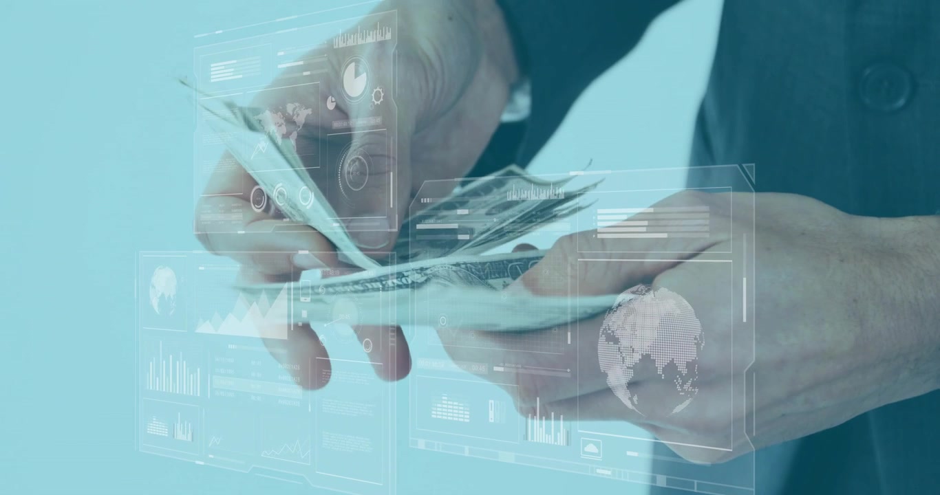 Right hand approaching, hands fanning, counting and stacking USD bills for organizing under holo UI