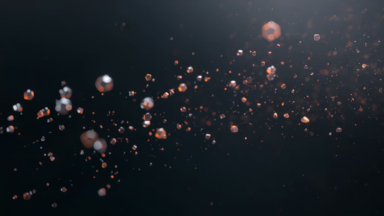 Drifting particle band being lit by top-right light, thickening with bokeh glints on black
