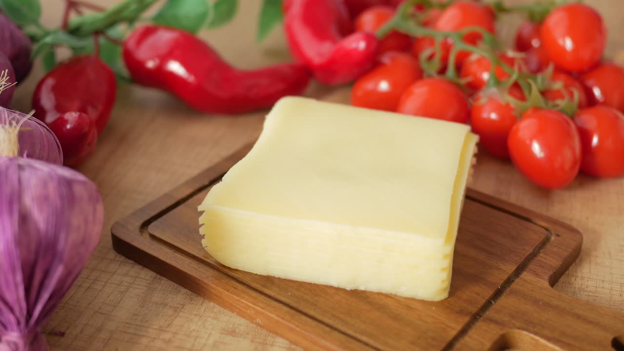 토마토, 은 고추, 마늘과 함께 절단판에 있는 치즈 블록.