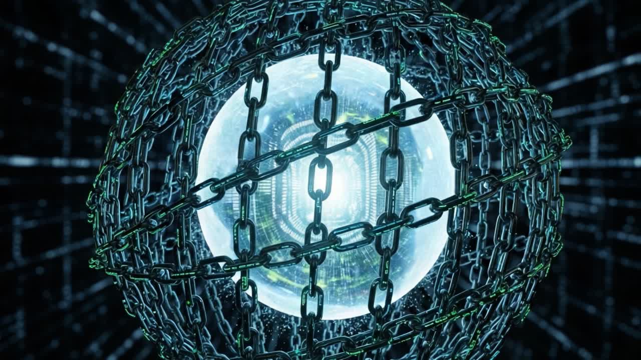 A Captivating Glimpse into a Futuristic Sphere Enclosed by Chains, Displaying a Glowing Orb at Its Core Surrounded by a Complex Digital Framework, Creating an Intriguing Visual Experience