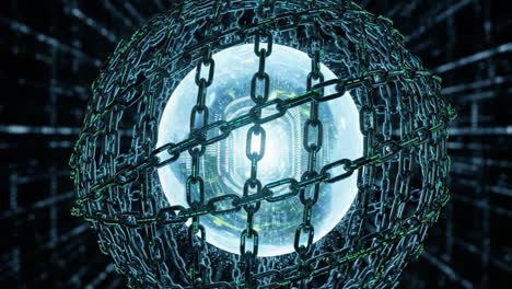 a captivating glimpse into a futuristic sphere enclosed by chains, displaying a glowing orb at its core surrounded by a complex digital framework, creating an intriguing visual experience