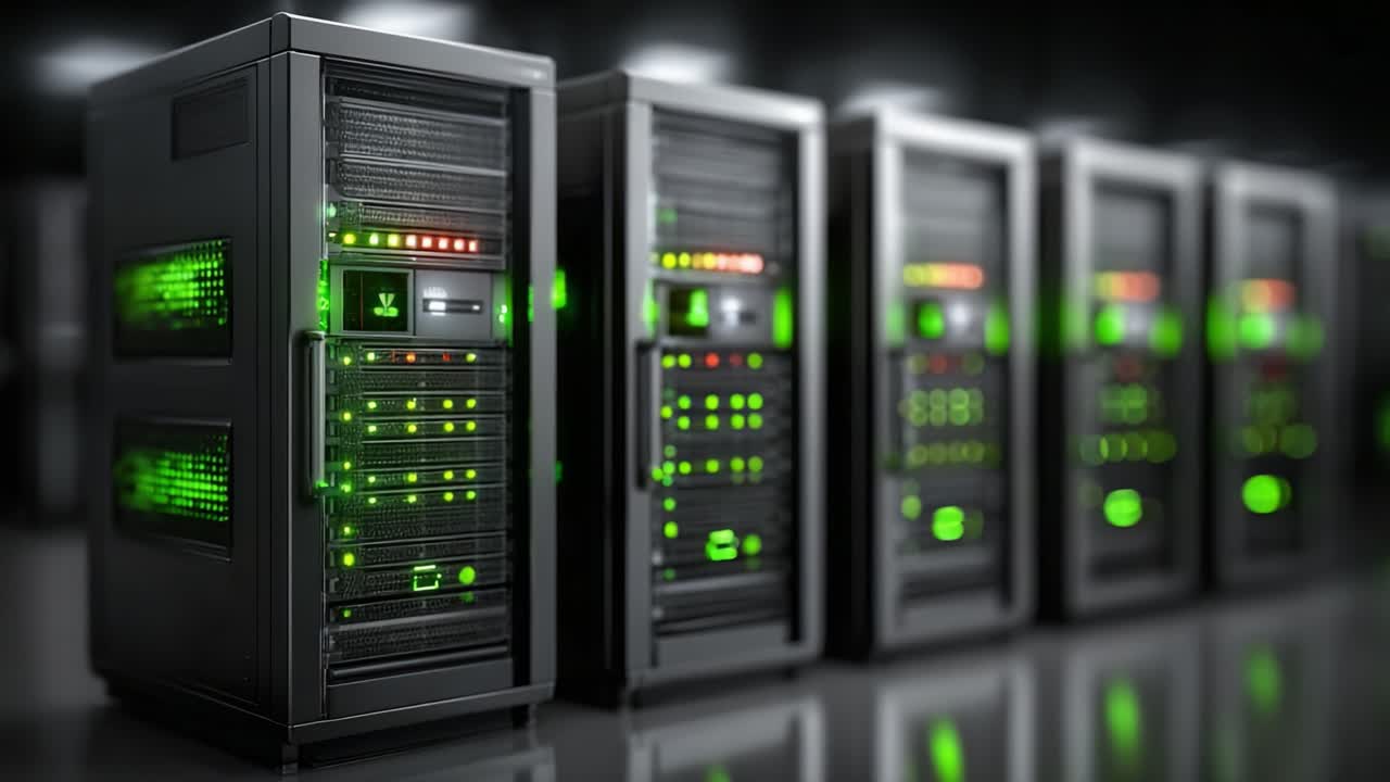 A High-Tech Data Center Featuring Cutting-Edge Server Racks Illuminated with Green LEDs, Showcasing Advanced Technology and Modern Data Processing Capabilities