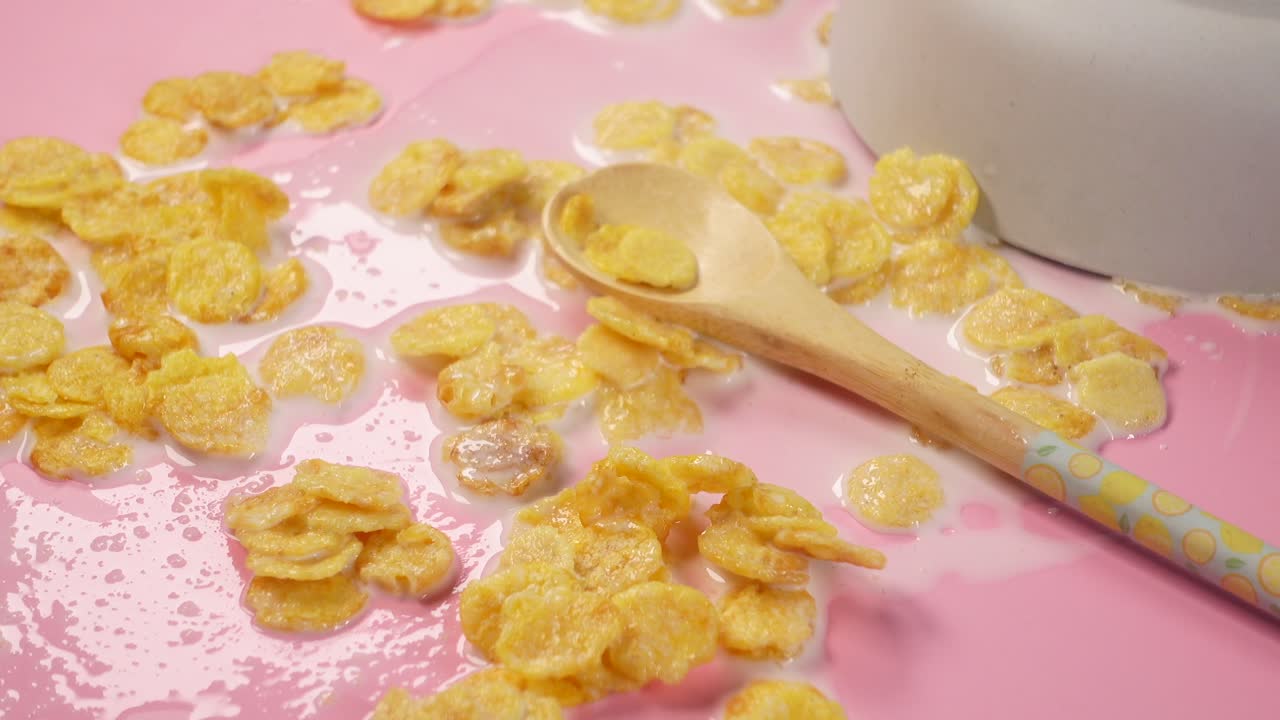 Cereali e latte versati su una superficie rosa
