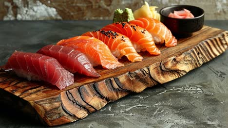 a close-up of various nigiri sushi pieces, including tuna and salmon, beautifully arranged on a rustic wooden board, accompanied by wasabi and pickled ginger