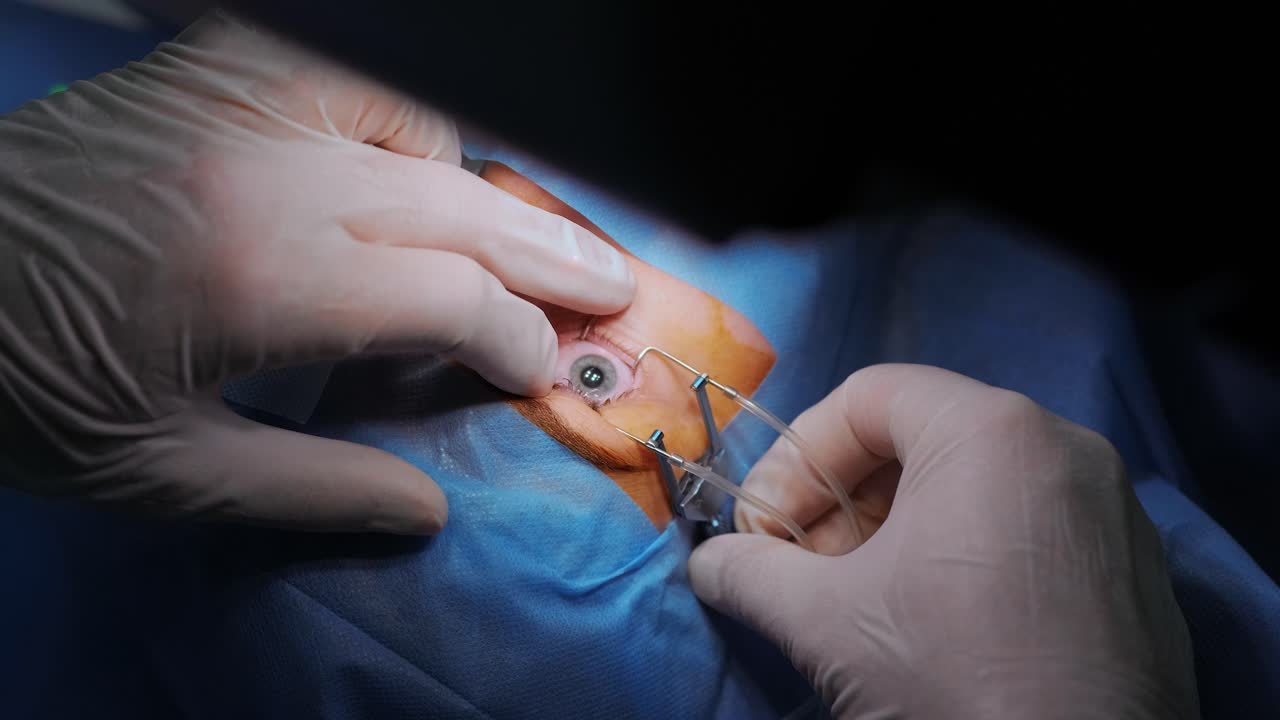 Laser vision correction. A patient and team of surgeons in the operating room during ophthalmic surgery. Eyelid speculum. Lasik treatment. Patient under sterile cover