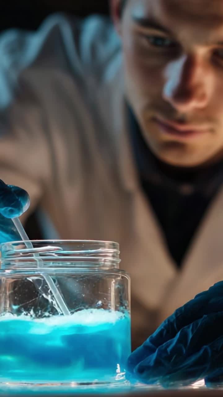 A focused scientist conducts a chemical experiment with glowing blue liquid, showcasing precision and dedication in a laboratory environment