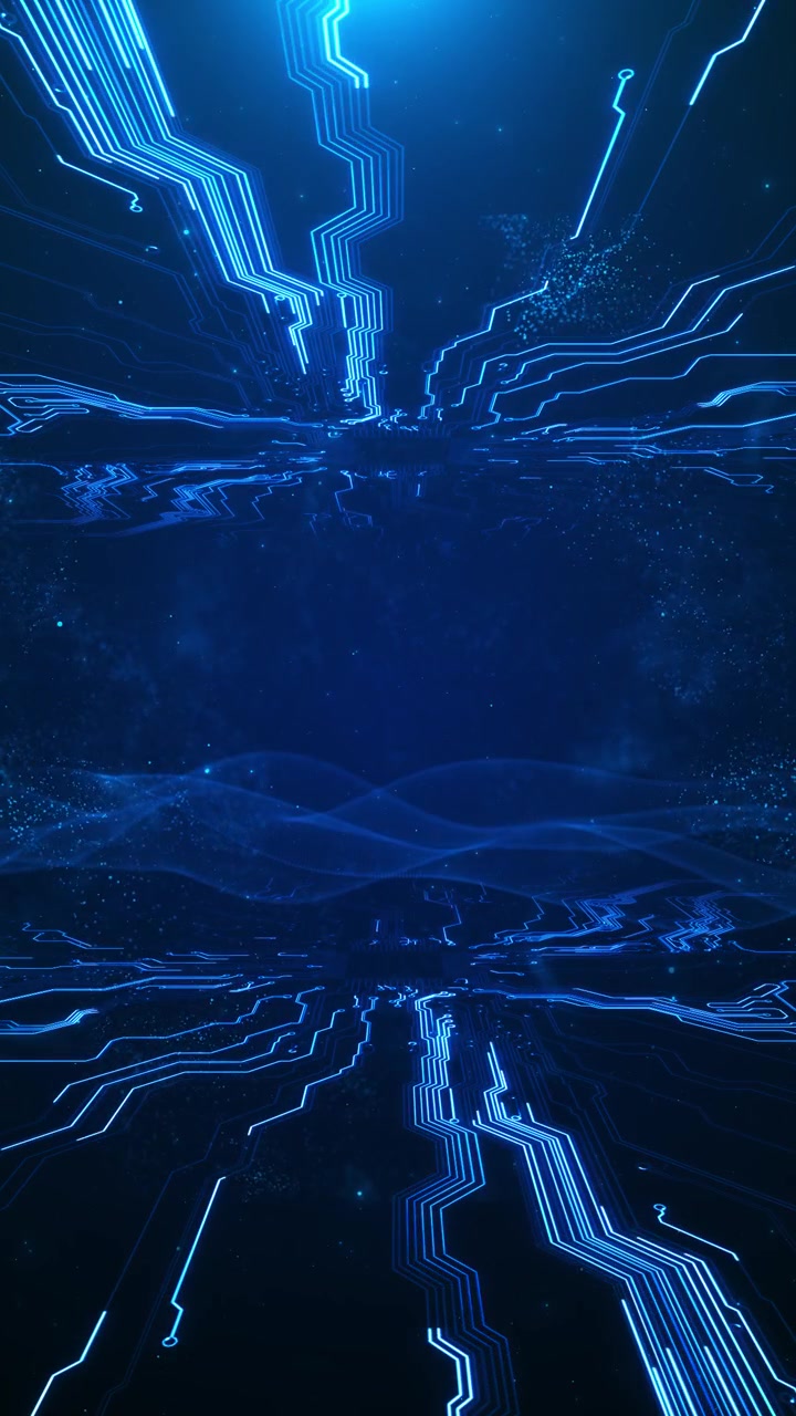 Futuristic circuit pathway background with blue electronic lines deep vanishing point and dark