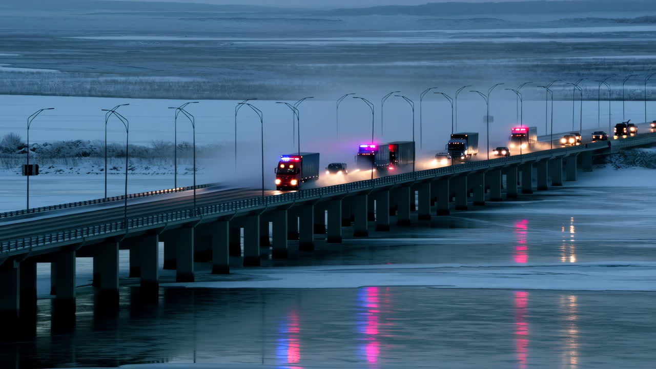 Trucks crossing a bridge at night in winter