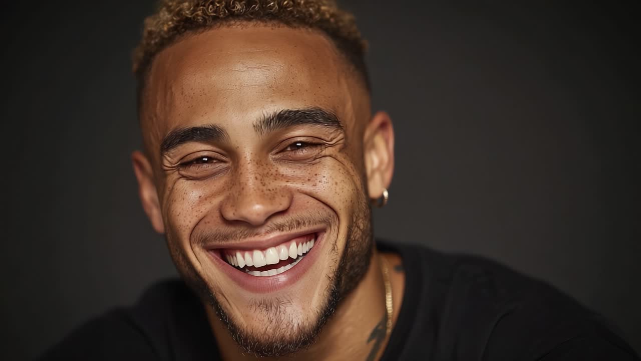 A Joyful Portrait of a Young Man with Freckles and a Bright Smile, Capturing the Essence of Happiness and Positivity in a Close-Up Shot