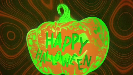 Animation-of-happy-halloween-over-neon-pumpkin-on-brown-background