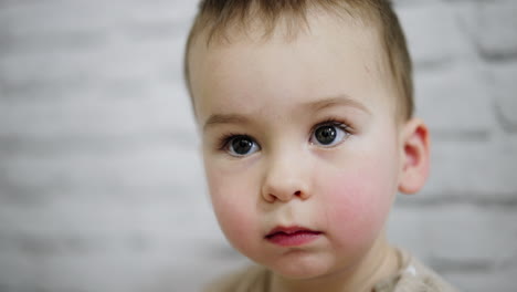 angelic caucasian baby boy looking at one point. close up portrait of a calm cute kid.