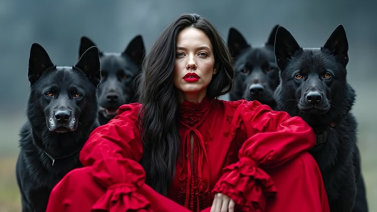 A woman in a red dress sitting in front of three black dogs