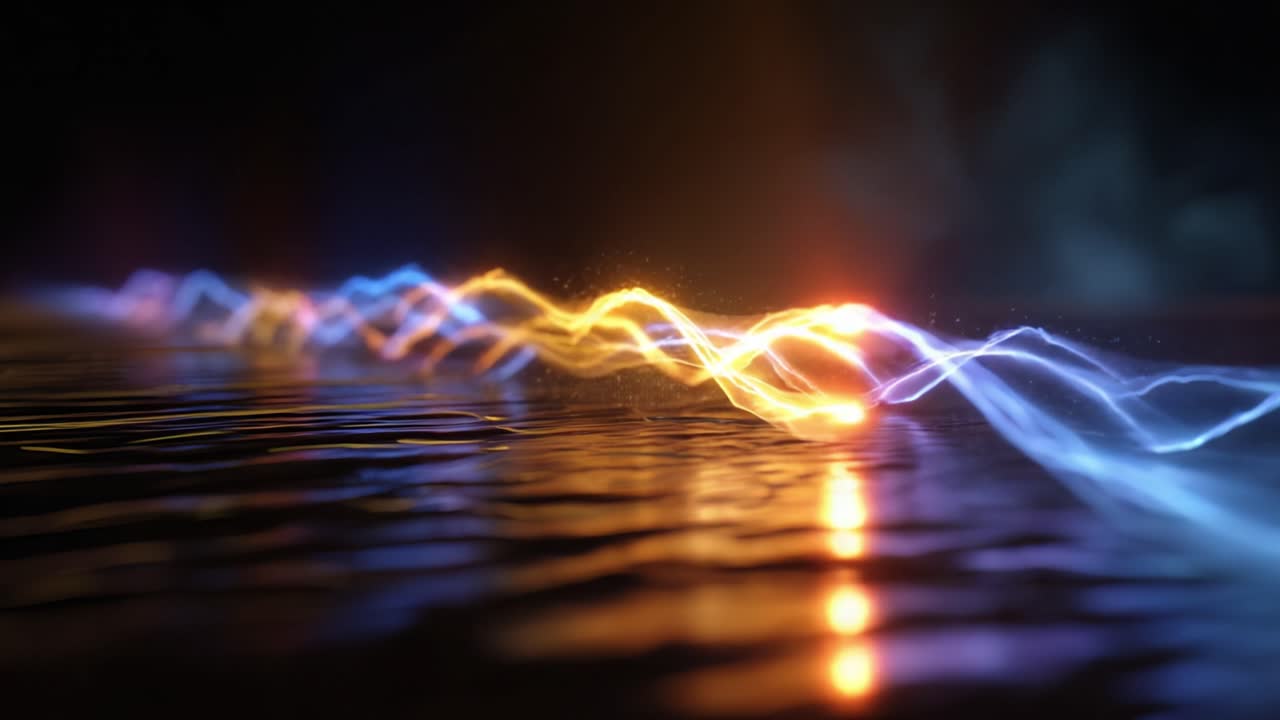 Dynamic Flow of Colorful Light Waves Reflecting on Water Surface, Creating an Illusion of Movement and Energy in a Hypnotic Visual Experience