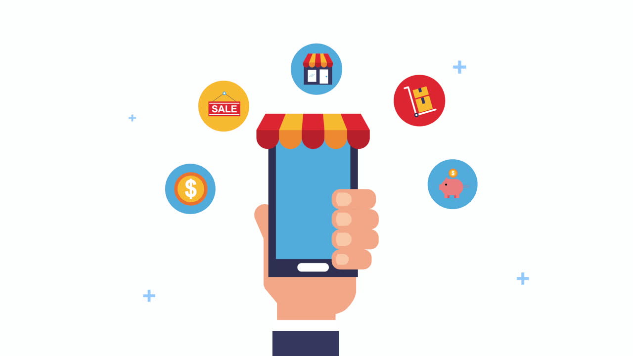 mano humana usando un teléfono inteligente con íconos de comercio electrónico