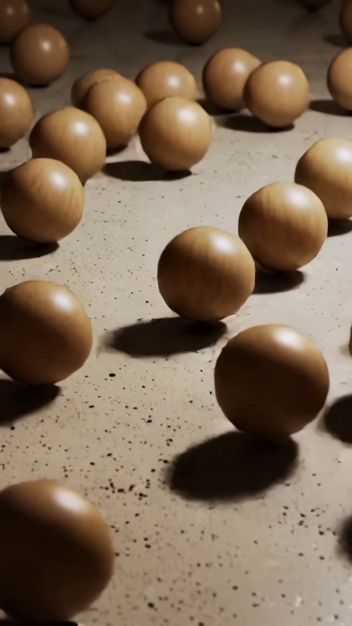 Vertical video: Rolling matte brown balls scattering on speckled table after push, forming clusters