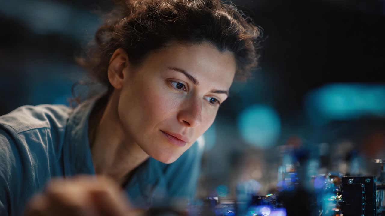 Focused Female Engineer Analyzing Complex Electronic Circuitry with Precision and Intensity, Developing Innovative Solutions and Pushing Technological Boundaries in the Field of Engineering and Science