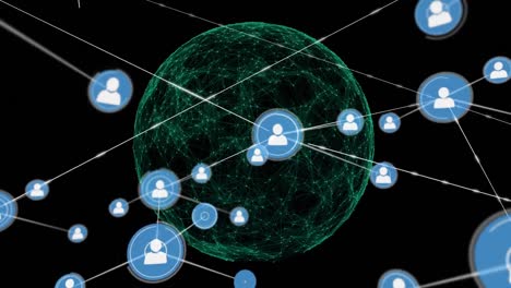 Animation-of-network-of-profile-icons-over-spinning-globe-against-black-background