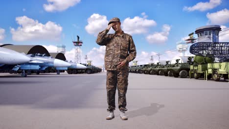 full body of asian man soldier having a headache while standing at military camp