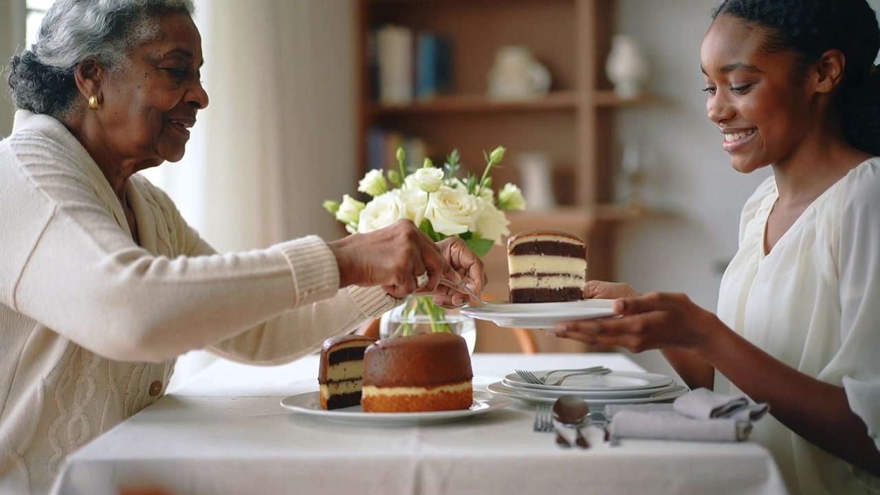 Reaching grandma cutting cake with server, serving at home table, daughter holding plate sharing