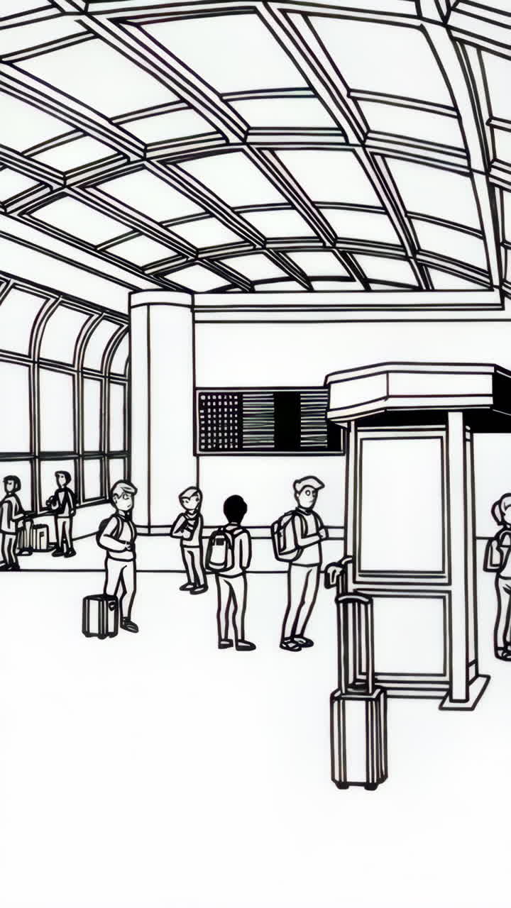 Black and White Linocut Illustration of Commuters at a Subway Station