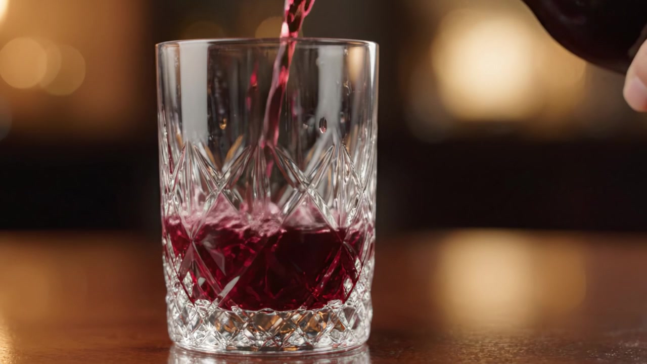 Un primo piano del versamento di un liquido denso in un bicchiere di cristallo, che cattura l'elegante vortice e la trasformazione del colore in un ambiente accogliente.